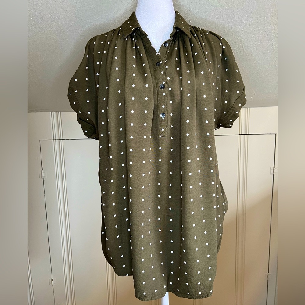 Madewell Green & White Polka Dot Blouse Top